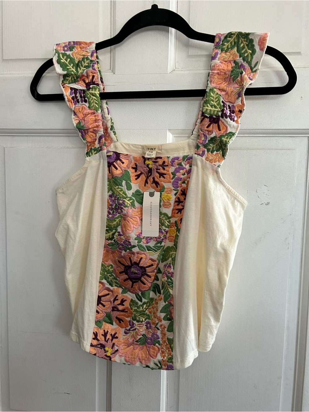 NWT! Tiny for Anthropologie Cream Tank w/Embroidered Straps and Front. Size XS